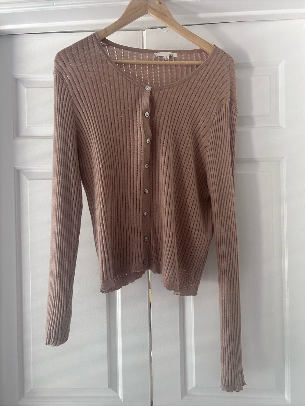 Skin Ribbed Button-Front Cardigan in Taupe